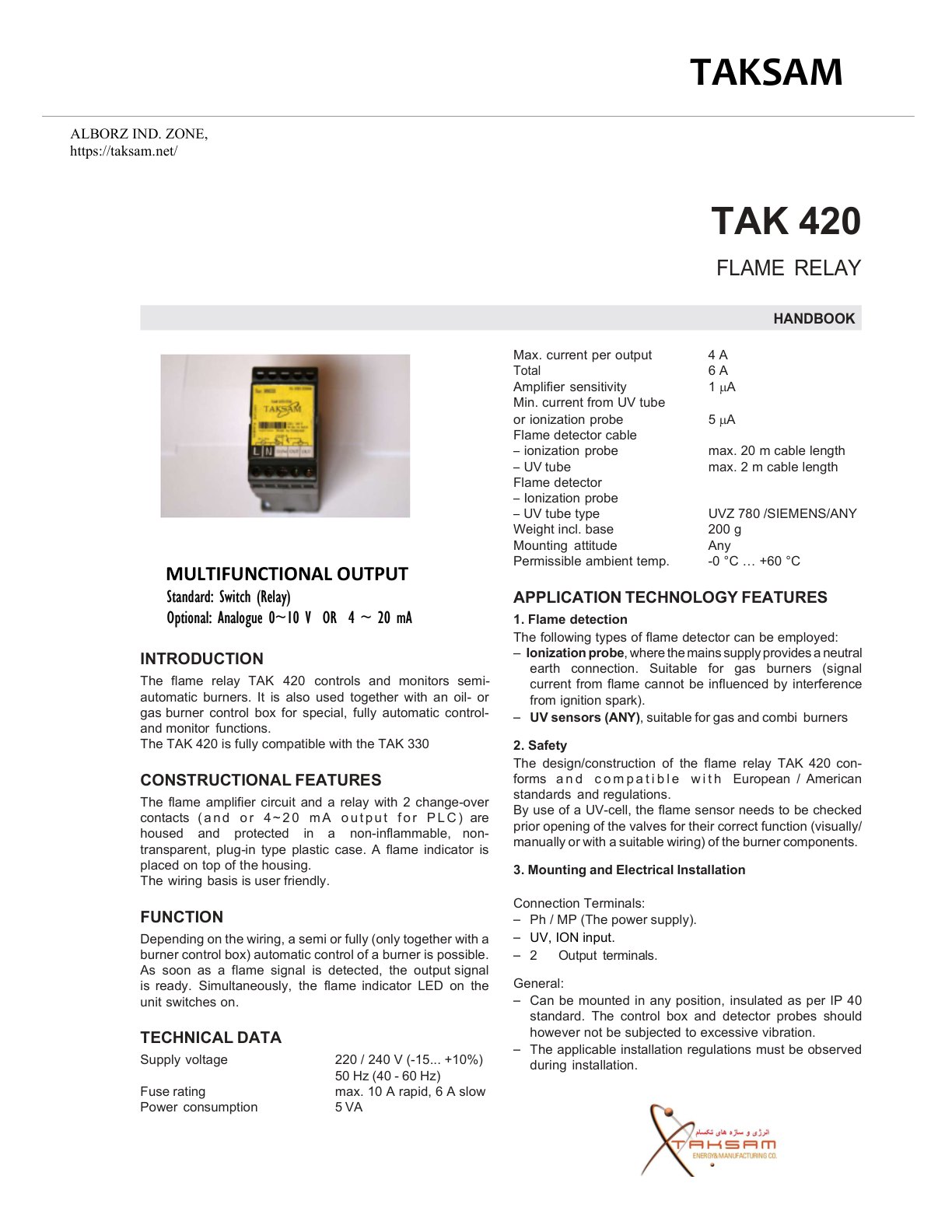 TAK 420 UV/Ion Flame Relay catalog page 1