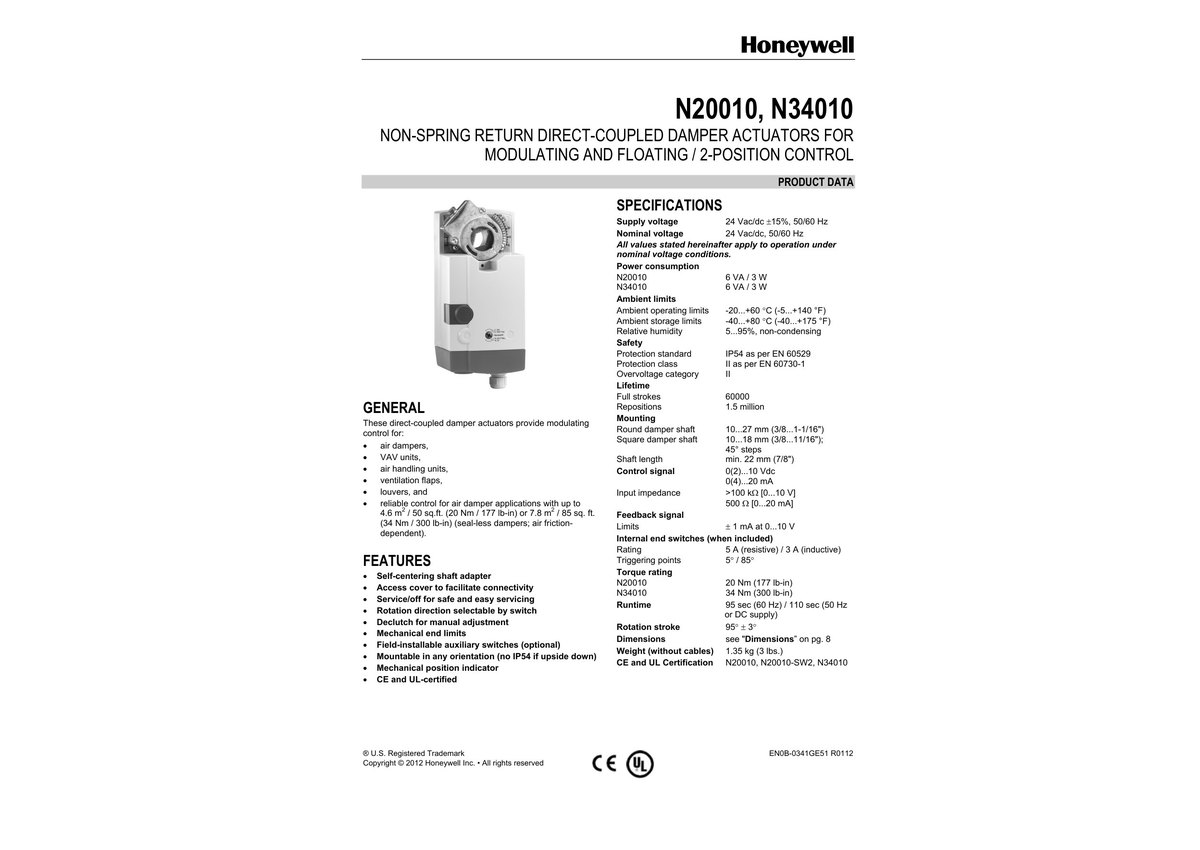 N20010 / N34010 damper actuator catalog cover