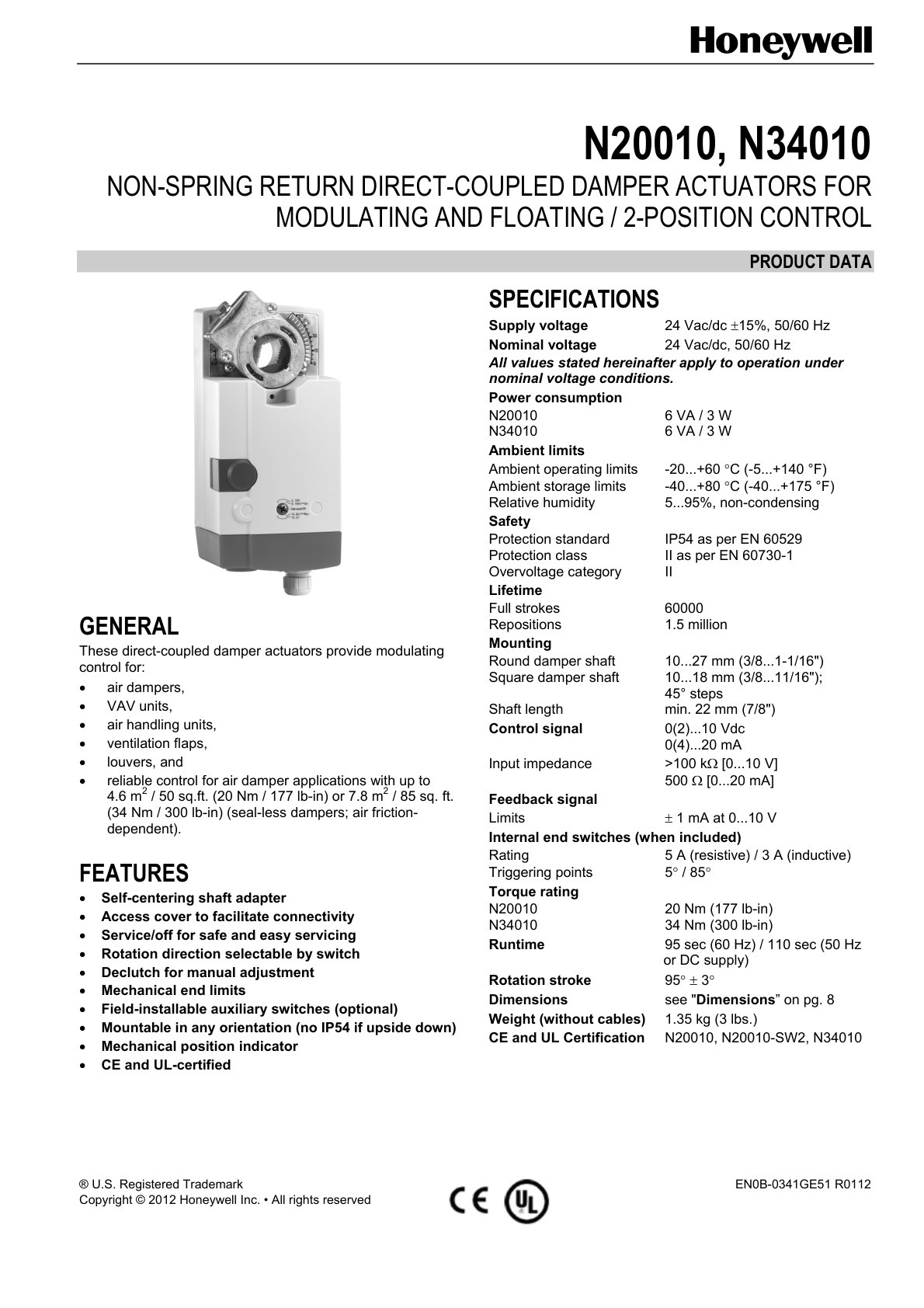 Honeywell N20010/N34010 damper actuator catalog page 1