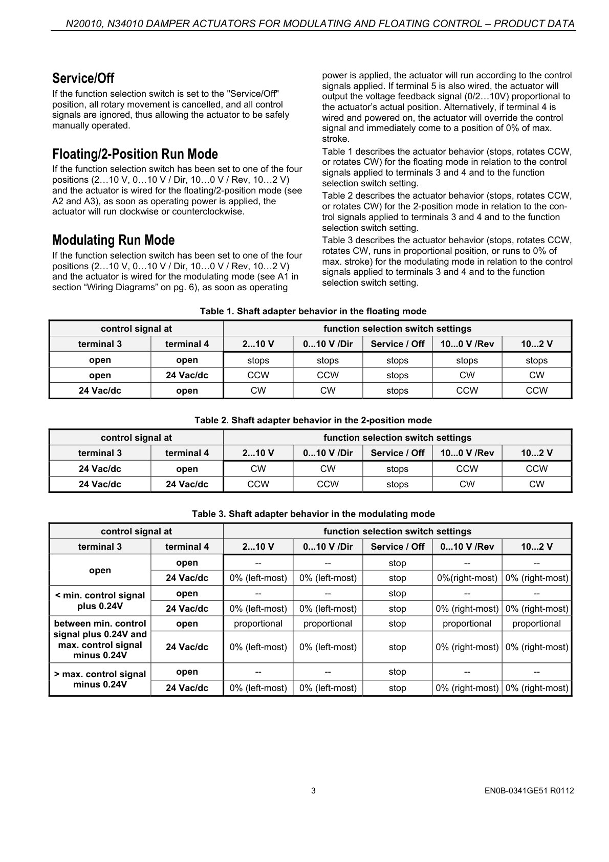Honeywell N20010/N34010 damper actuator catalog page 3