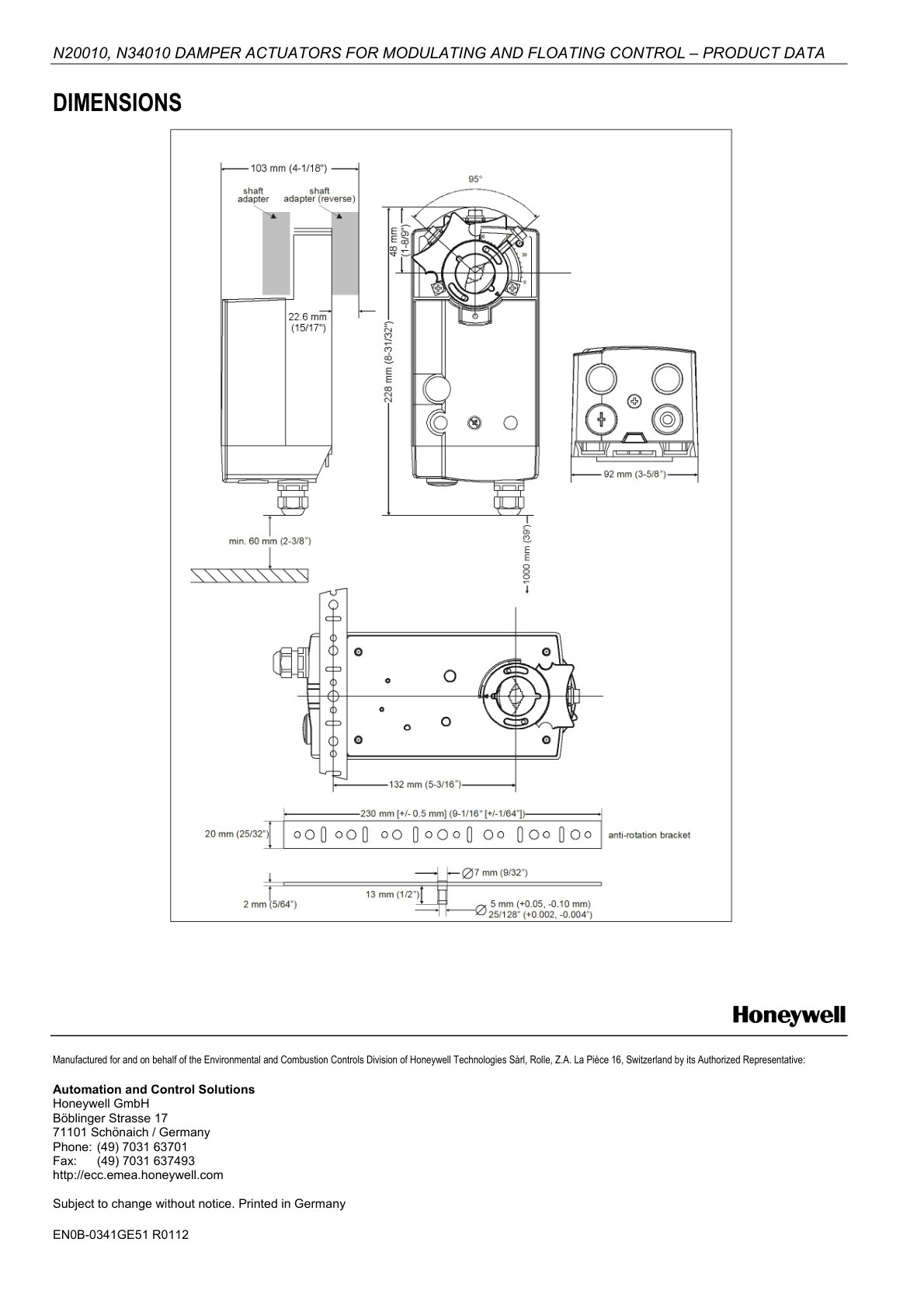 Honeywell N20010/N34010 damper actuator catalog page 8